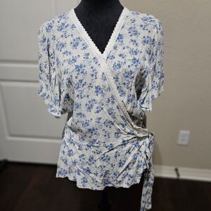 Wild Moss Blue Floral Lace Trim Wrap Top